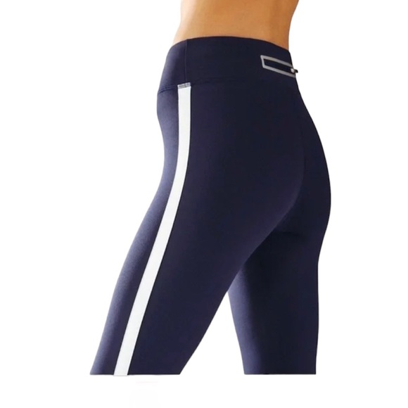 Tory Burch Sport Parallel Stripe Reflective Cropped Navy Leggings NWT - Picture 2 of 8